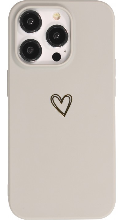 Coque iPhone 14 Pro - Silicone mat dessin cœur doré - Gris