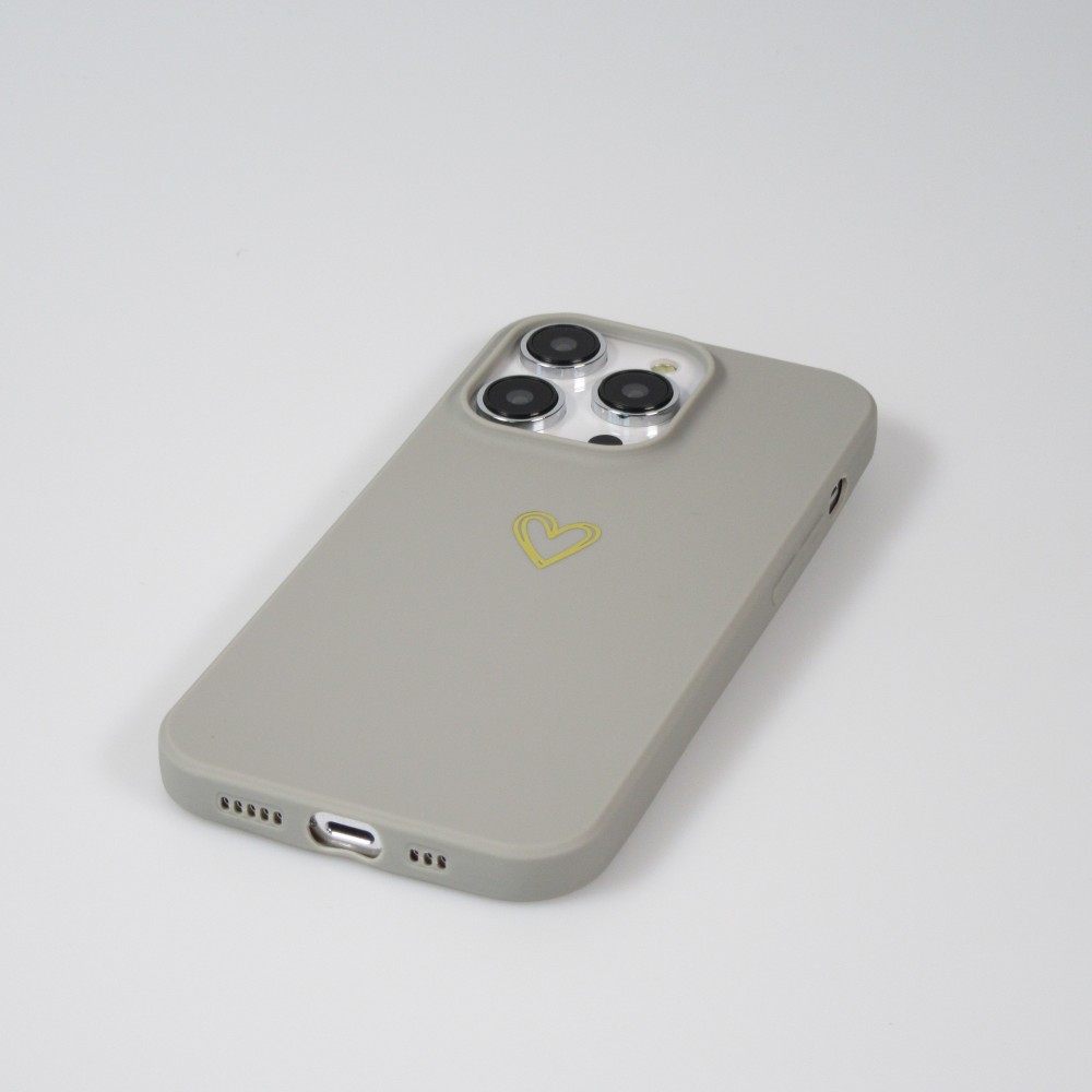 Coque iPhone 16 Pro - Silicone mat dessin cœur doré - Gris