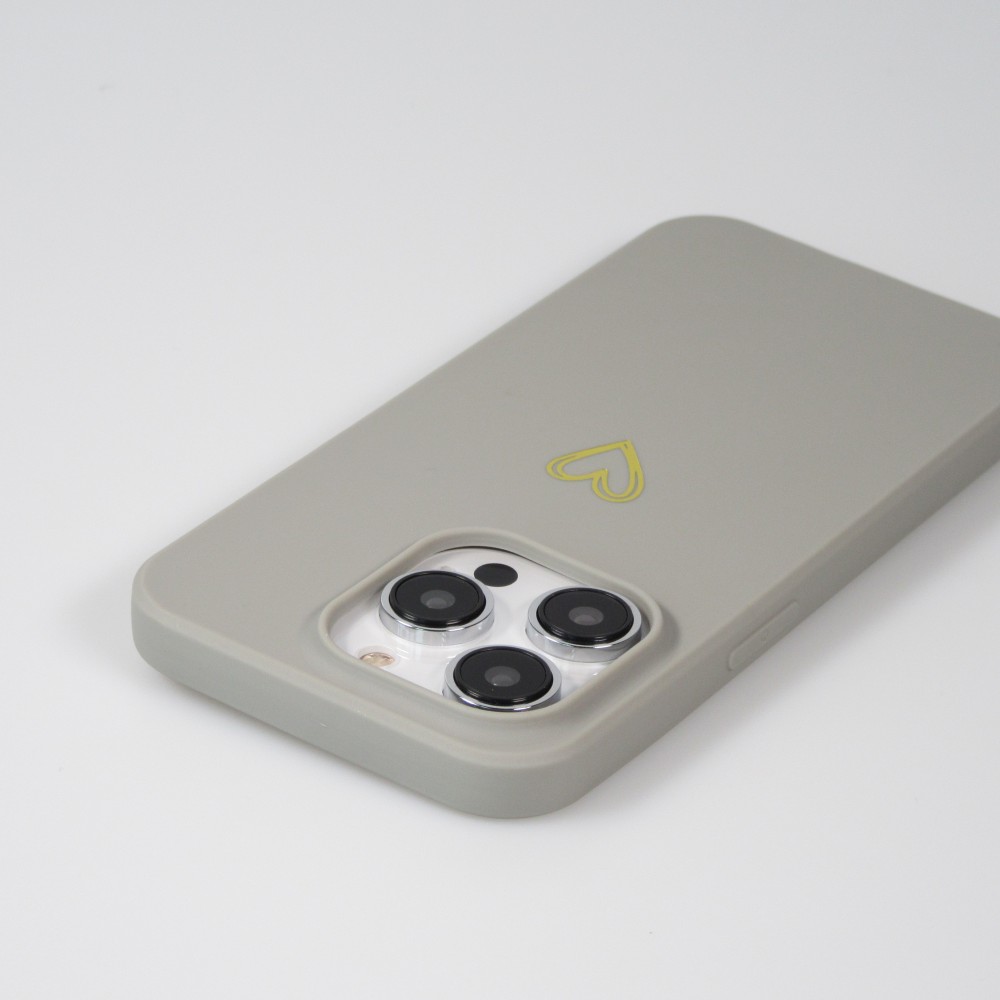 Coque iPhone 16 Pro - Silicone mat dessin cœur doré - Gris