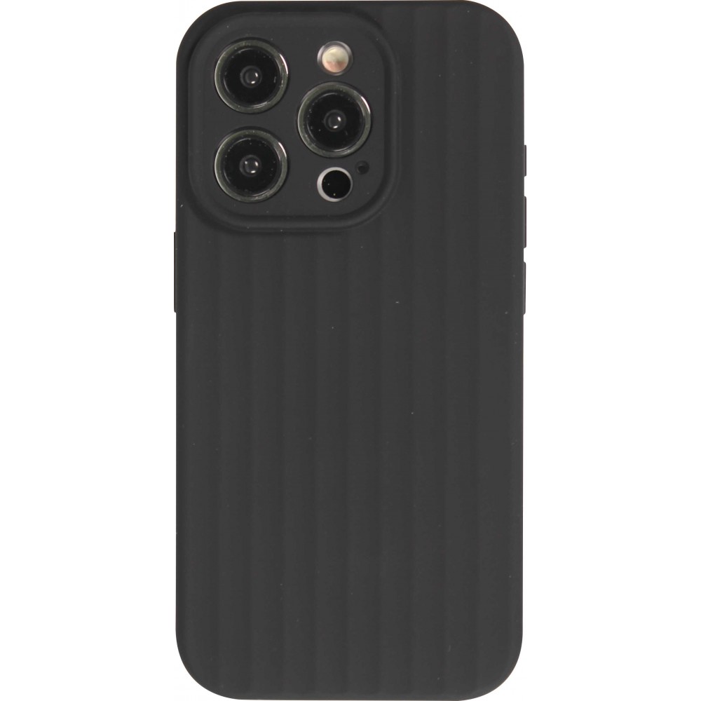 Coque iPhone 15 Pro Max - Silicone mat soft touch avec lignes en relief  - Noir