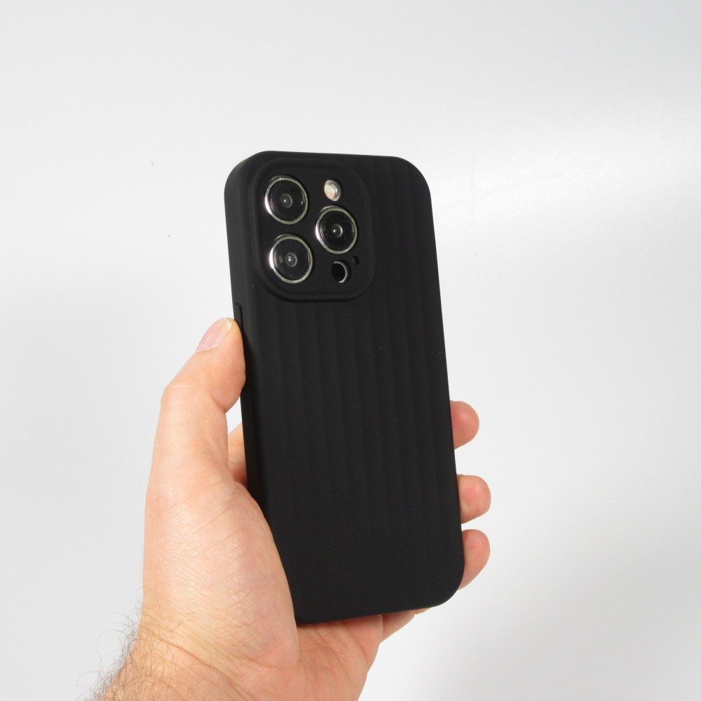 Coque iPhone 15 Pro Max - Silicone mat soft touch avec lignes en relief  - Noir