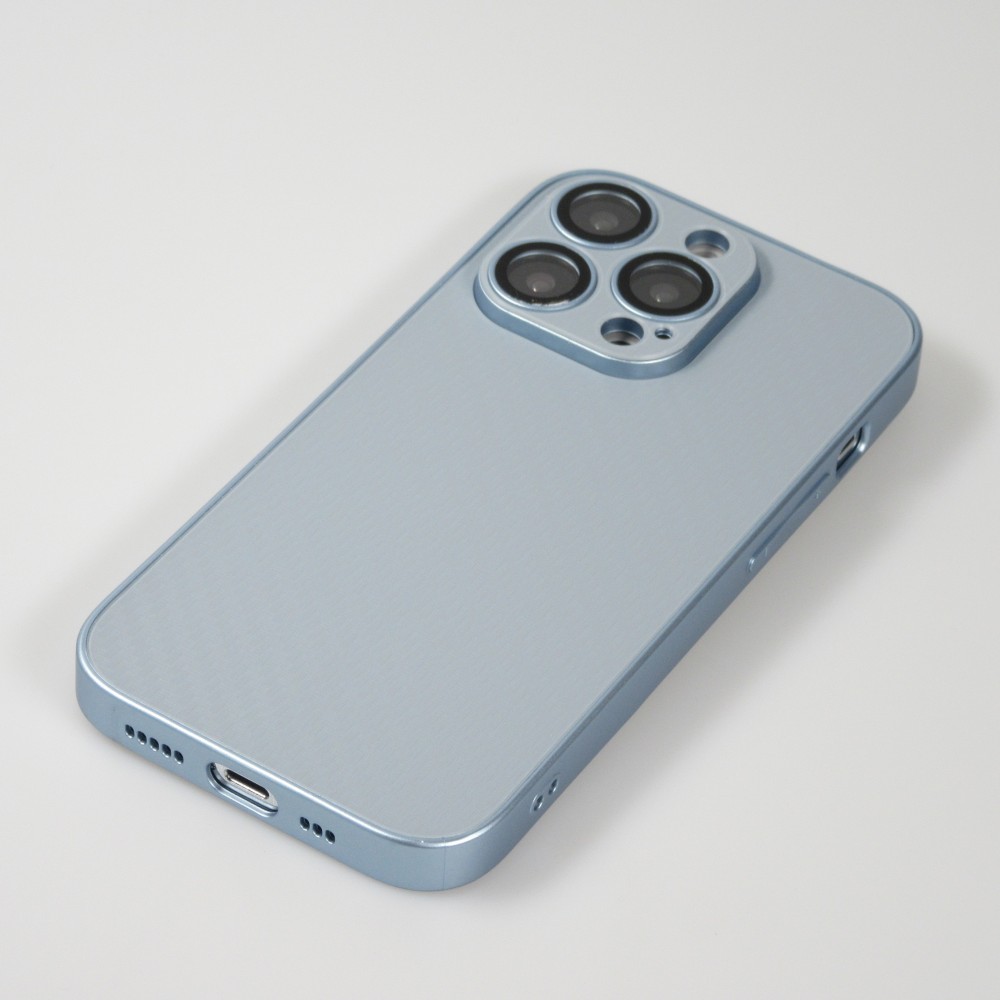 Coque iPhone 14 Pro Max - Silicone rigide look fibre de carbone + protection caméra - Bleu clair
