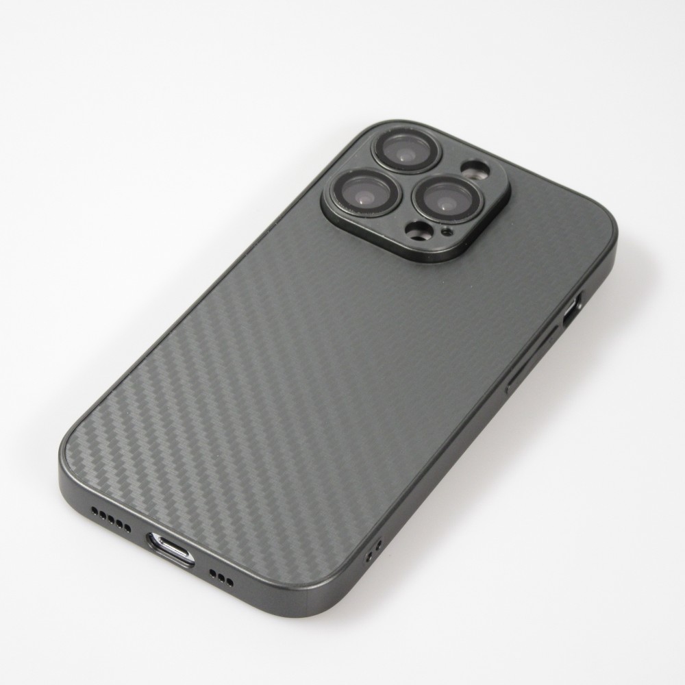 Coque iPhone 14 Pro Max - Silicone rigide look fibre de carbone + protection caméra - Gris