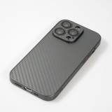 Coque iPhone 14 Pro Max - Silicone rigide look fibre de carbone + protection caméra - Gris