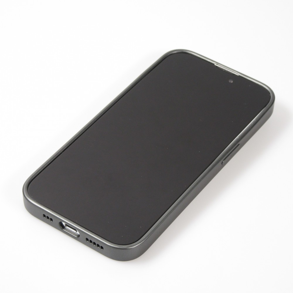 Coque iPhone 14 Pro Max - Silicone rigide look fibre de carbone + protection caméra - Gris