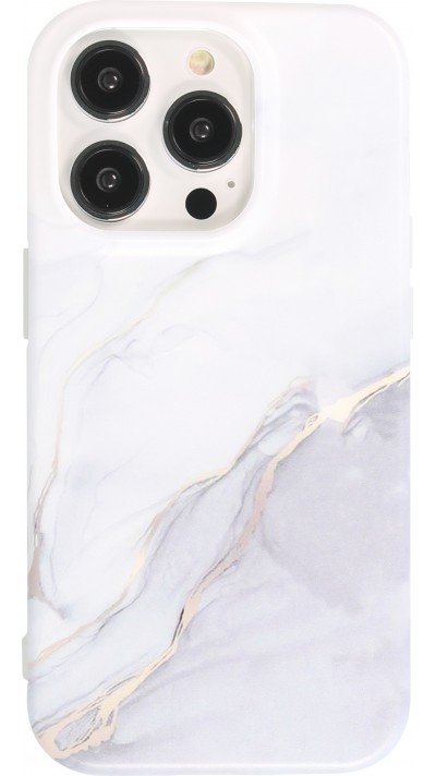 Coque iPhone 14 Pro Max - Silicone rigide mat avec effet marbre imprimé - Blanc gris