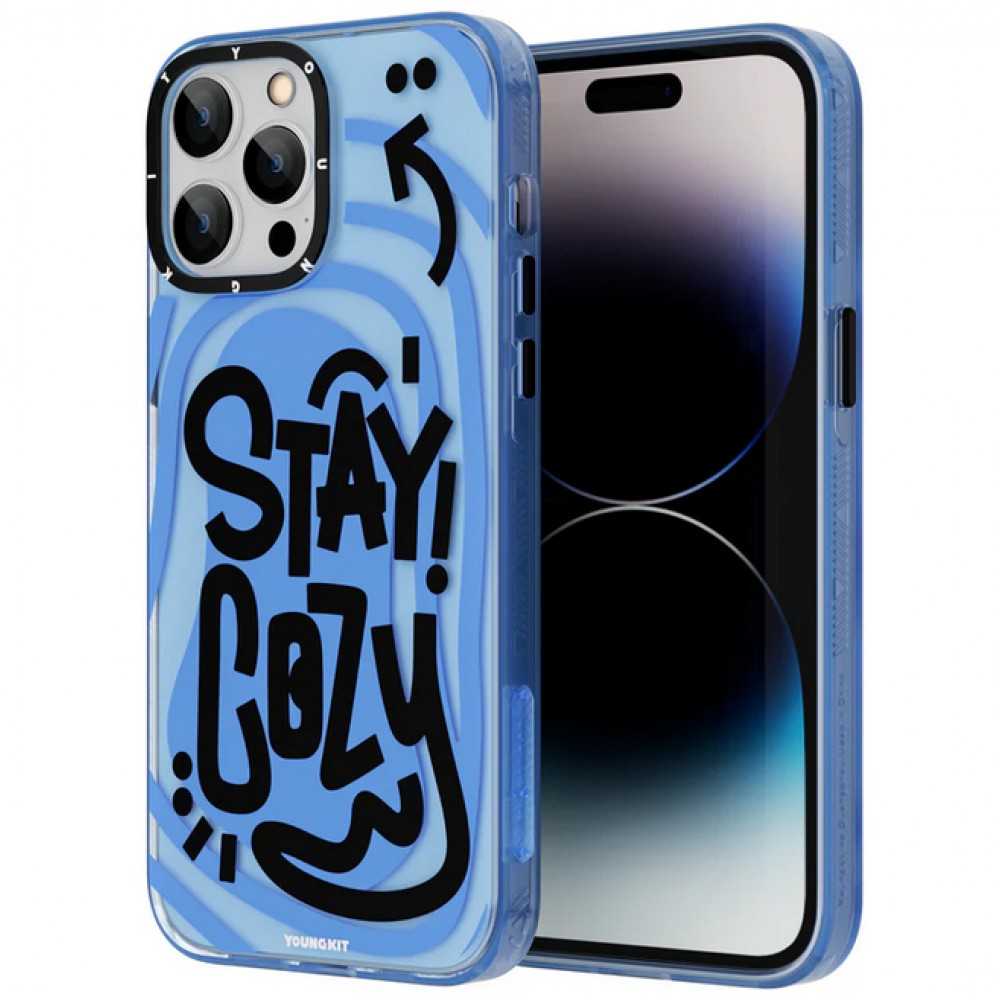 Coque iPhone 14 Pro - Youngkit Happy Mood Glossy Case Stay Cozy - Bleu