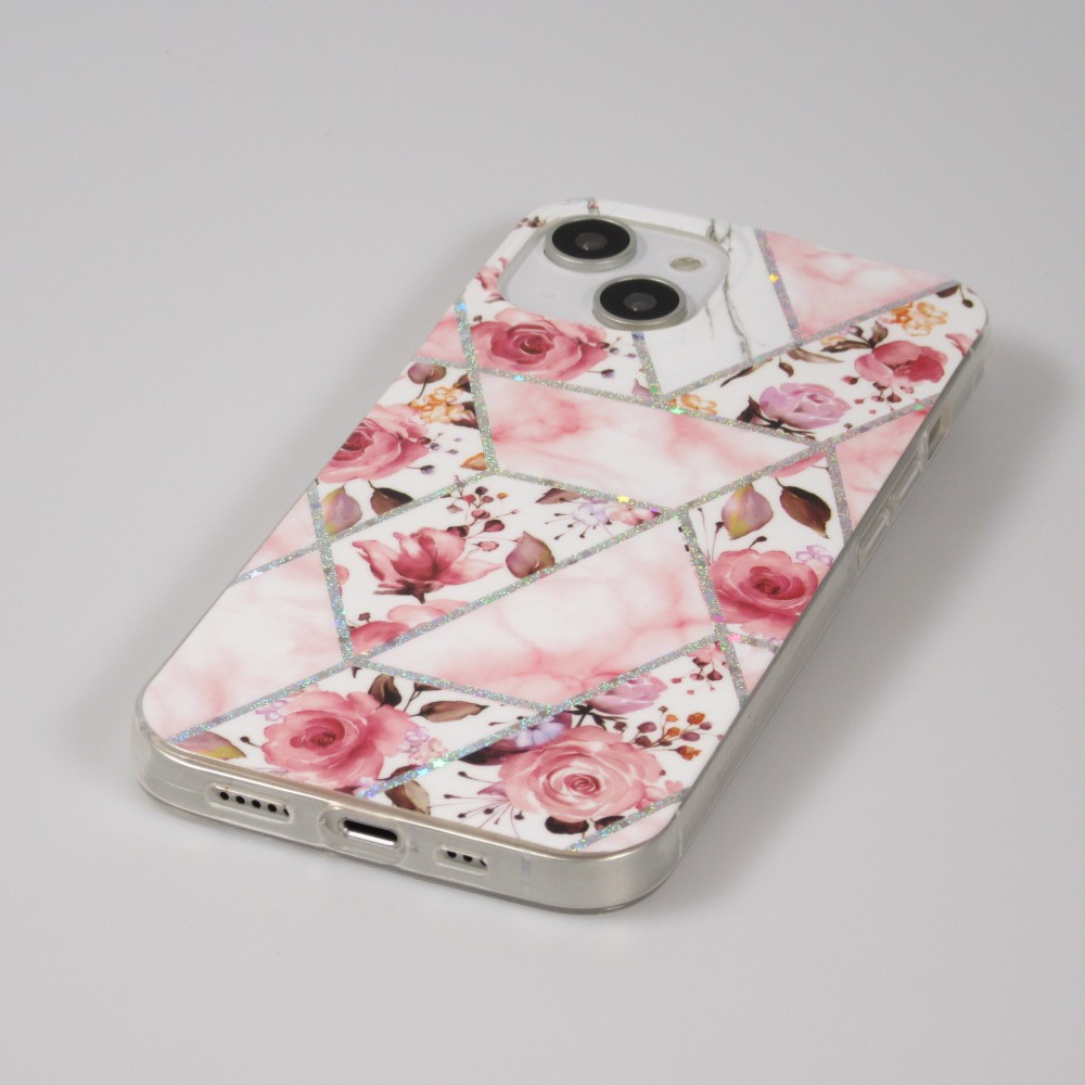 Coque iPhone 14 - Silicone Gel stripes géométriques beautiful roses - Rose