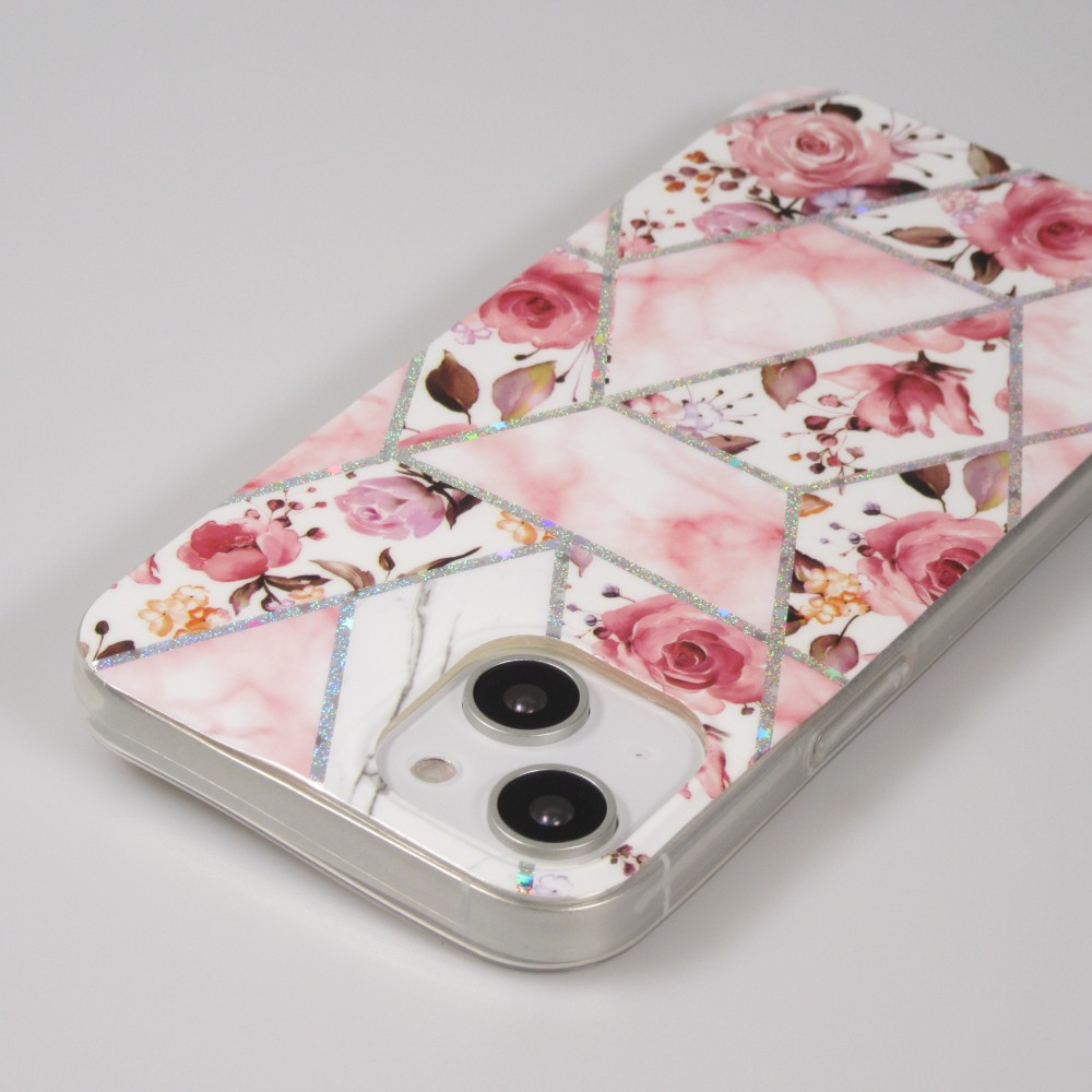 Coque iPhone 14 - Silicone Gel stripes géométriques beautiful roses - Rose