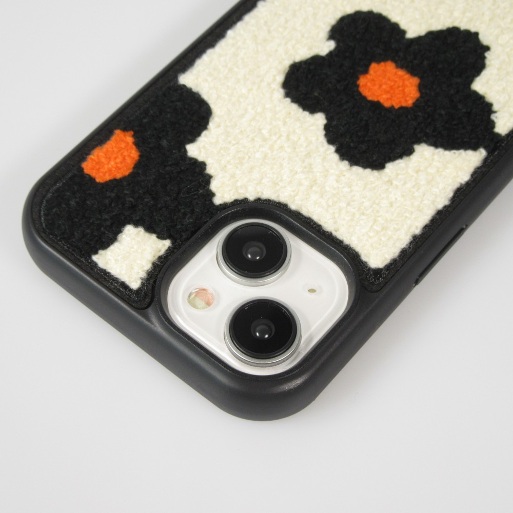 Coque iPhone 14 - Silicone avec surface tufting effet fleur - Noir