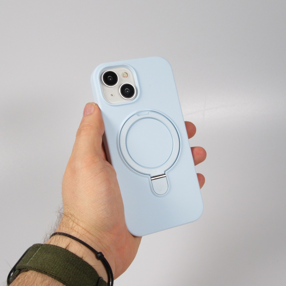 Coque iPhone 15 - Silicone mat MagSafe avec anneau de support - Bleu clair