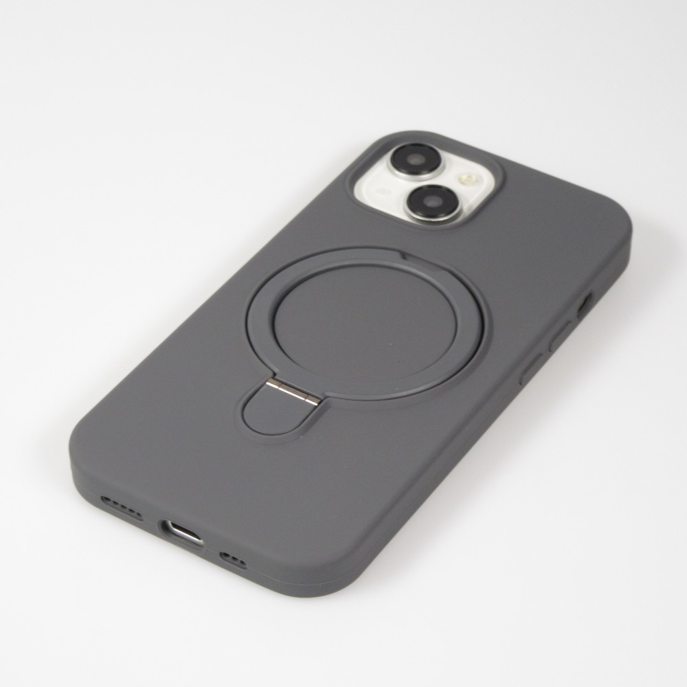 Coque iPhone 15 - Silicone mat MagSafe avec anneau de support - Gris