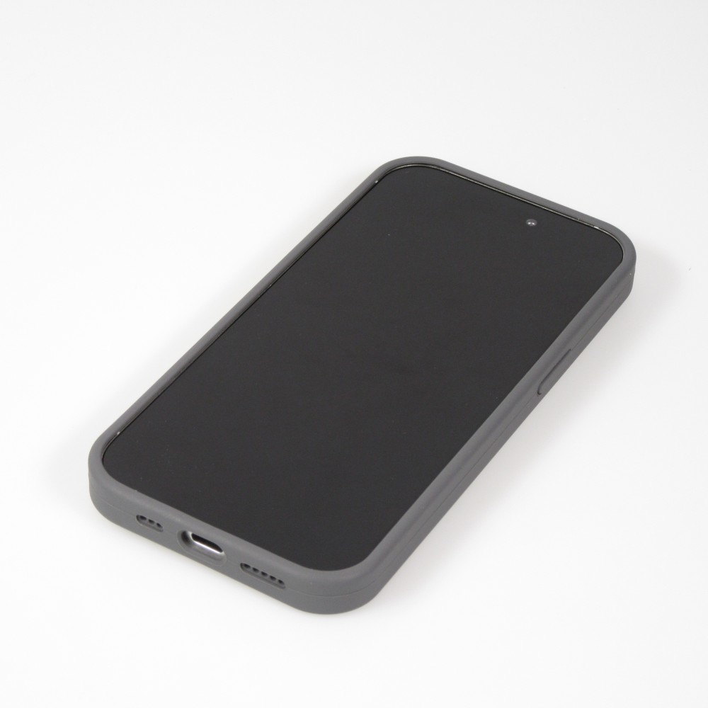 Coque iPhone 15 - Silicone mat MagSafe avec anneau de support - Gris