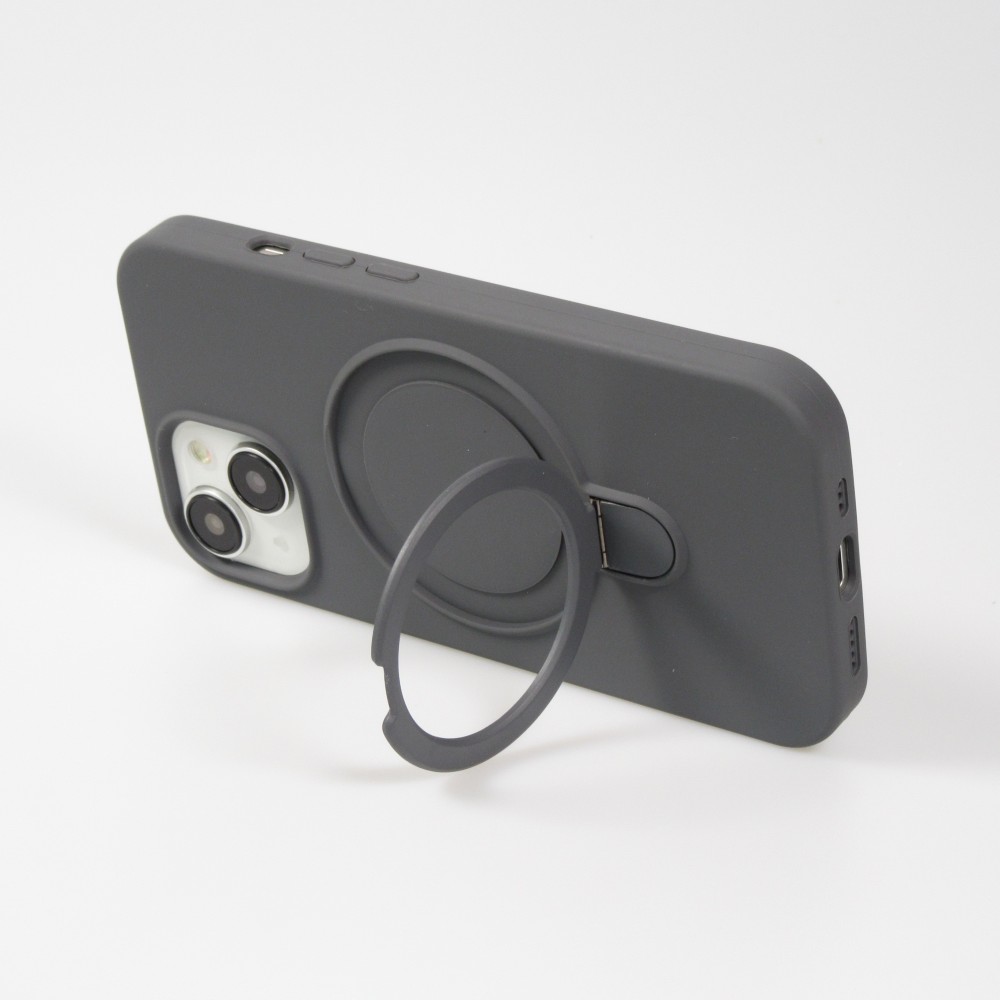 Coque iPhone 15 - Silicone mat MagSafe avec anneau de support - Gris