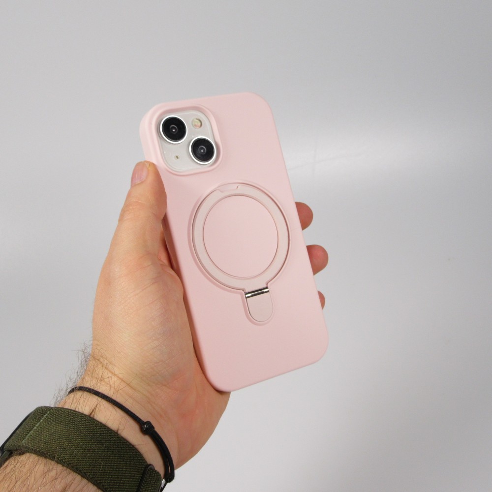 Coque iPhone 15 - Silicone mat MagSafe avec anneau de support - Rose