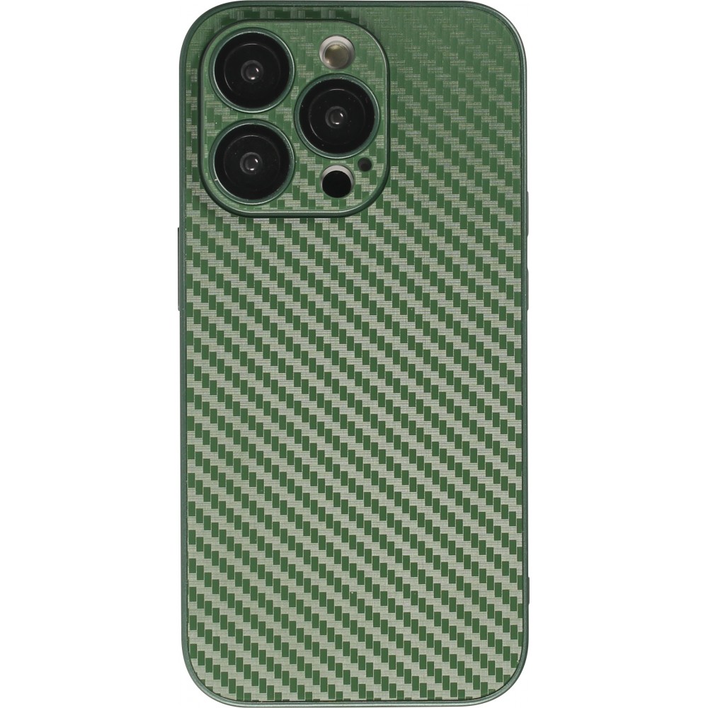 Coque iPhone 14 Pro Max- Silicone rigide look fibre de carbone + protection caméra - Vert