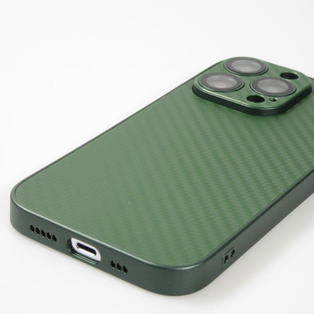 Coque iPhone 14 Pro Max- Silicone rigide look fibre de carbone + protection caméra - Vert