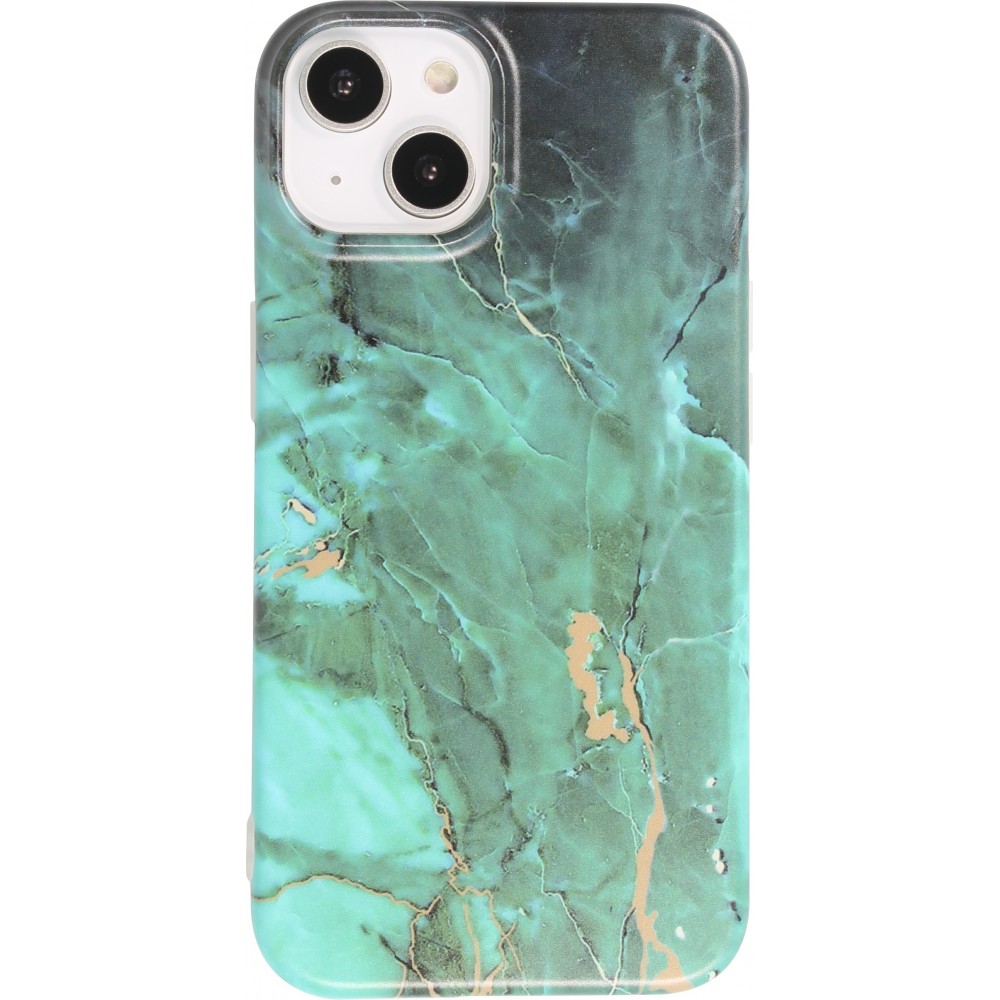 Coque iPhone 14 Plus - Silicone rigide mat avec effet marbre imprimé - Vert