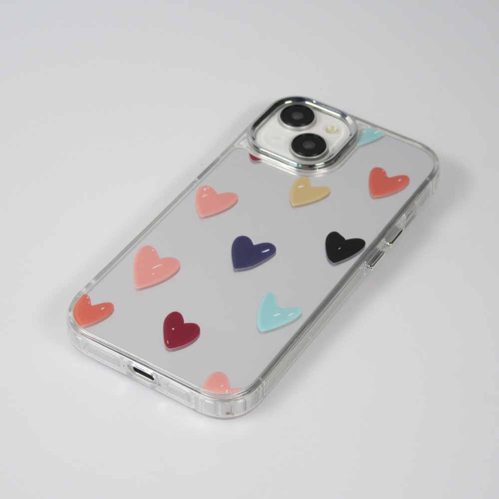 Coque iPhone 14 - Silicone transparent Many Hearts avec effet miroir