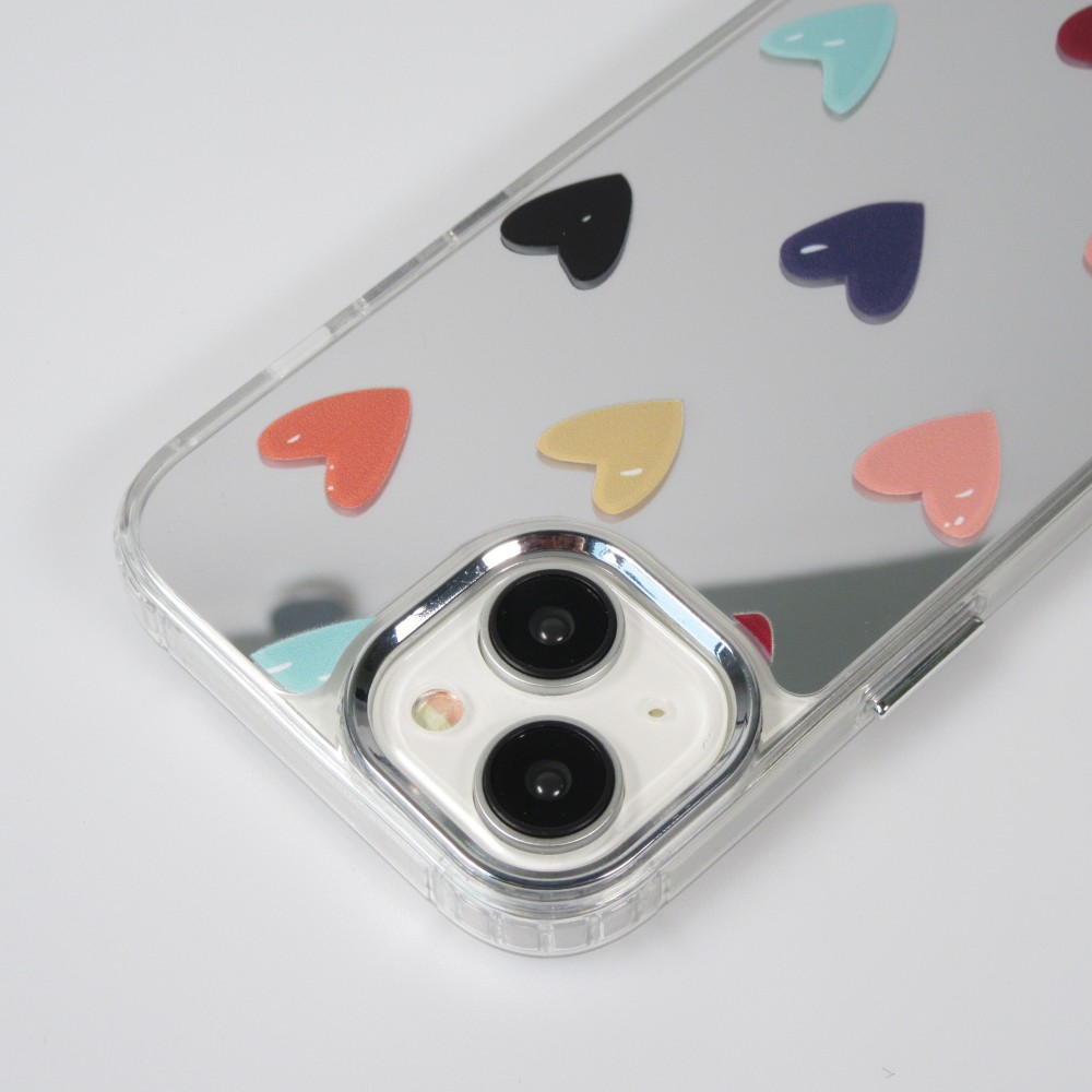 Coque iPhone 14 - Silicone transparent Many Hearts avec effet miroir