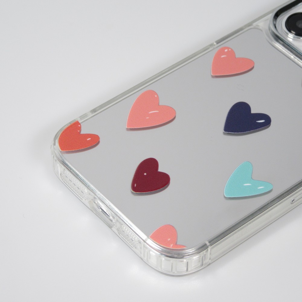Coque iPhone 14 - Silicone transparent Many Hearts avec effet miroir