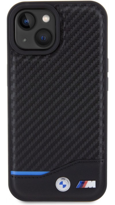Coque iPhone 15 Plus - BMW M effet carbone et cuir avec logo métallique en relief - Noir