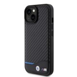 Coque iPhone 15 Plus - BMW M effet carbone et cuir avec logo métallique en relief - Noir