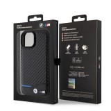 Coque iPhone 15 Plus - BMW M effet carbone et cuir avec logo métallique en relief - Noir