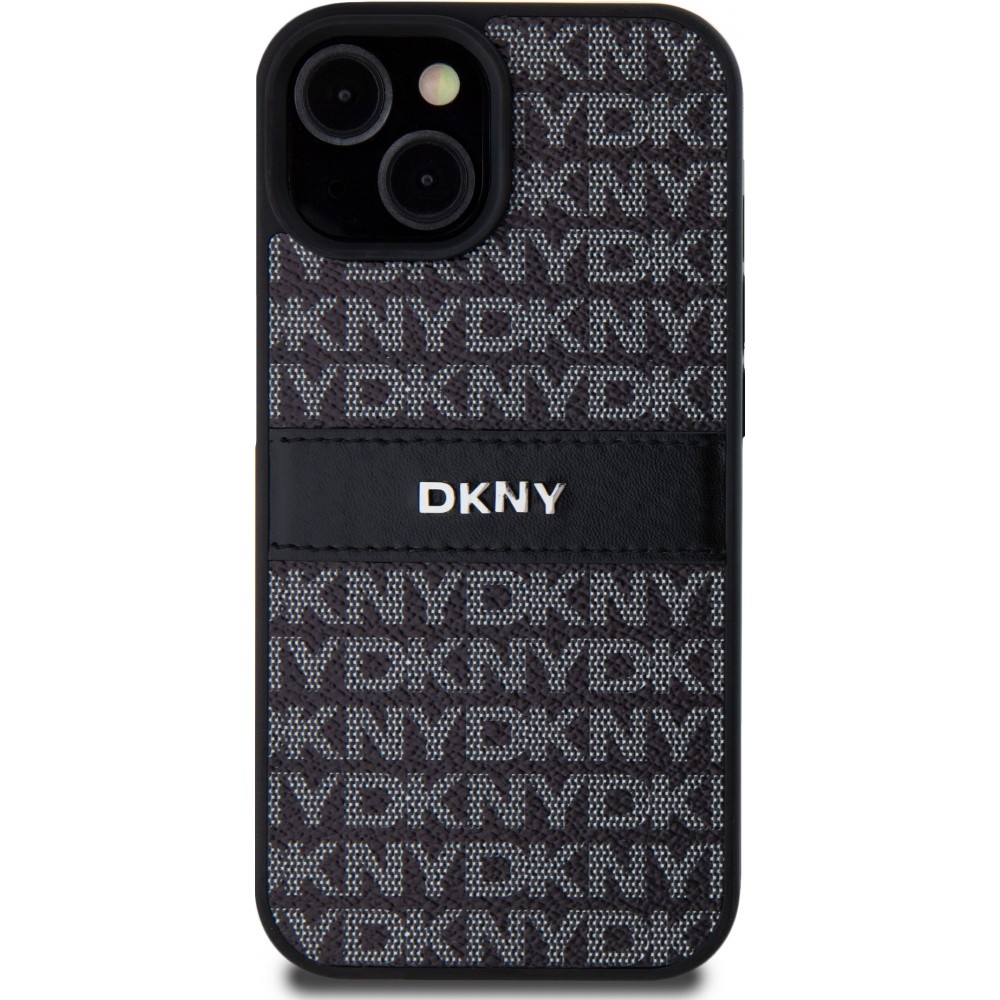 iPhone 15 Case Hülle - DKNY Silikon Kunstleder Monogramm Metall-Logo - Schwarz