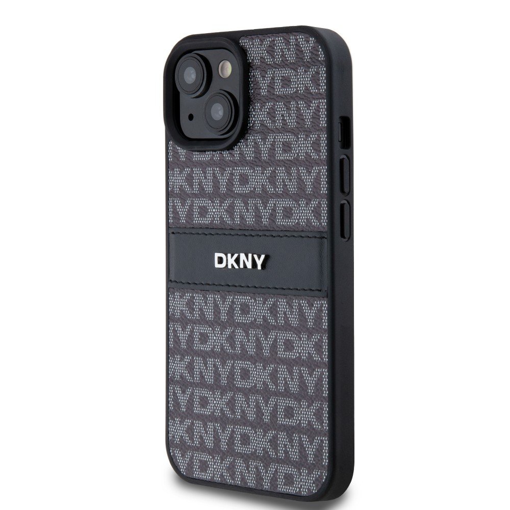 iPhone 15 Case Hülle - DKNY Silikon Kunstleder Monogramm Metall-Logo - Schwarz