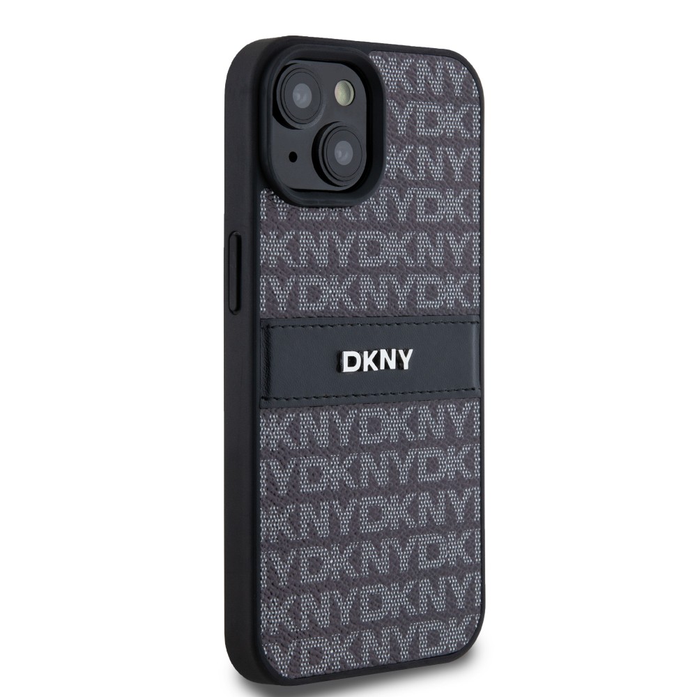 iPhone 15 Case Hülle - DKNY Silikon Kunstleder Monogramm Metall-Logo - Schwarz