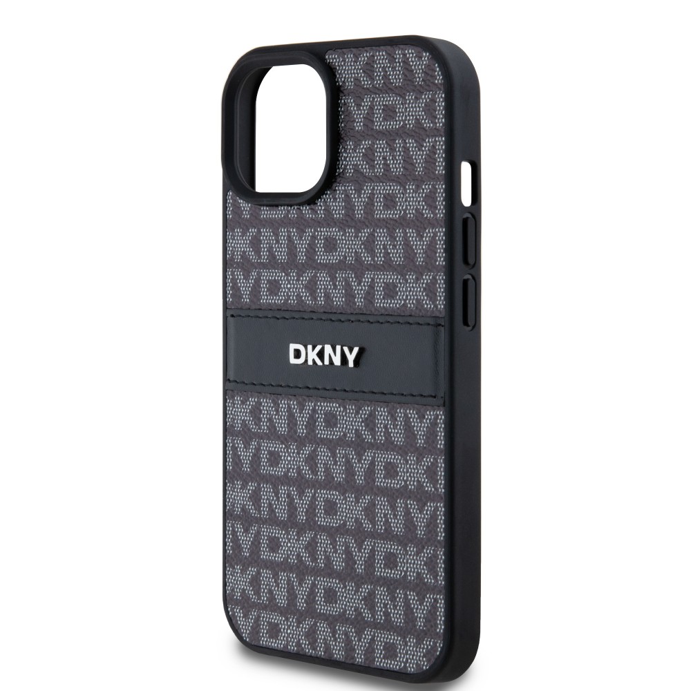 iPhone 15 Case Hülle - DKNY Silikon Kunstleder Monogramm Metall-Logo - Schwarz