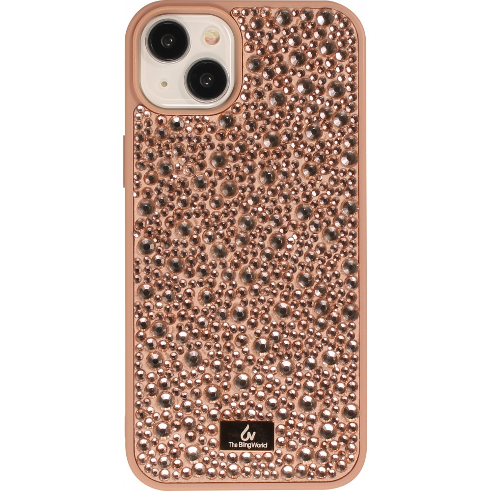 Coque iPhone 15 Plus - Diamant strass The Bling World - Or rose