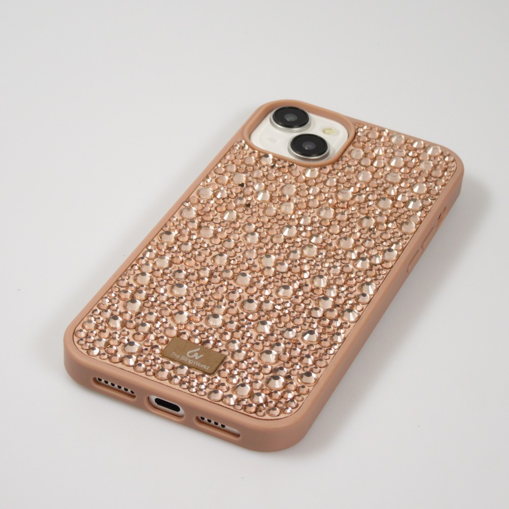Coque iPhone 15 Plus - Diamant strass The Bling World - Or rose