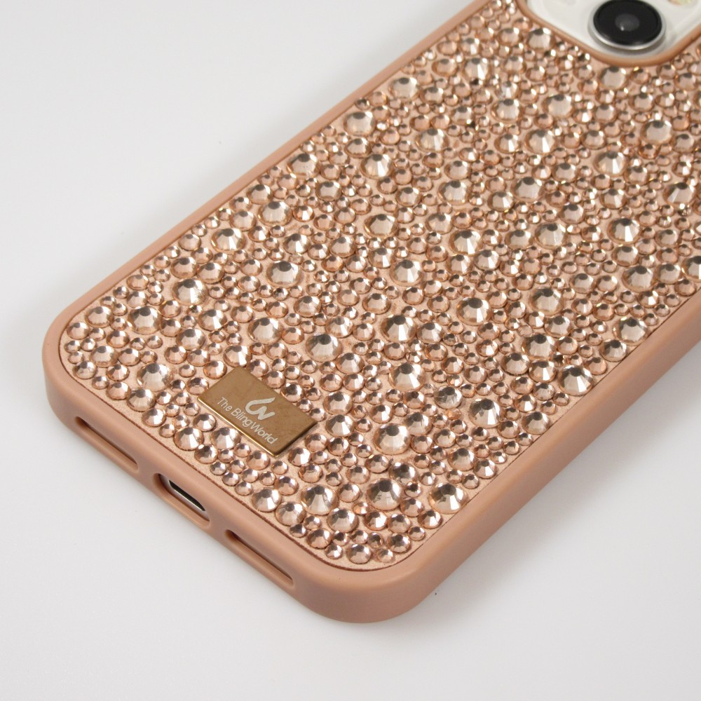 Coque iPhone 15 Plus - Diamant strass The Bling World - Or rose