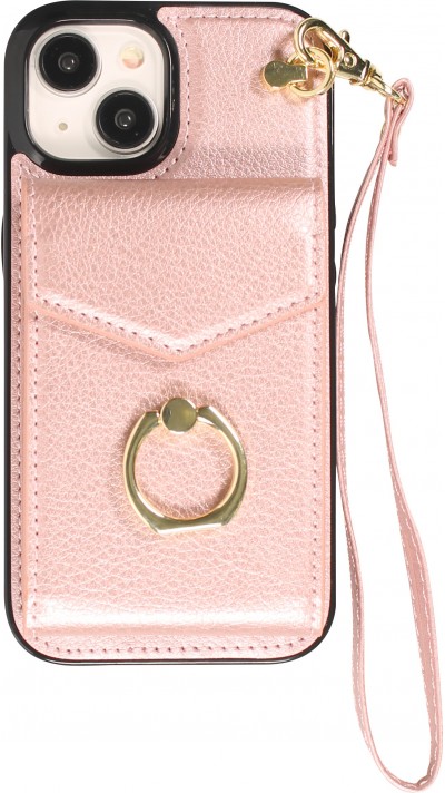 Coque iPhone 15 Plus - Etui élégant look cuir DeLuxe avec portefeuille + anneau de support - Rose