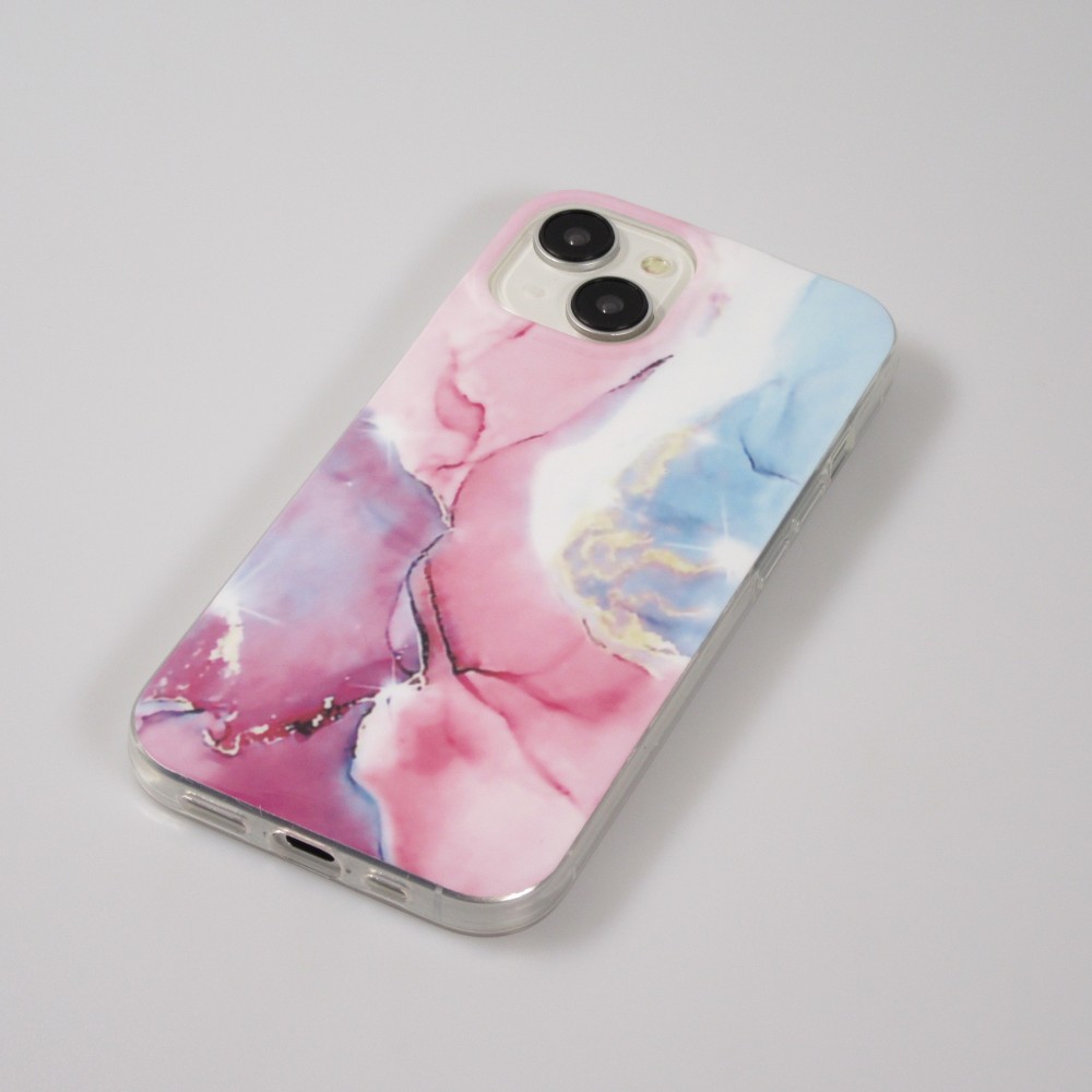 Coque iPhone 15 - Gel Glossy Marbre - Rose/bleu