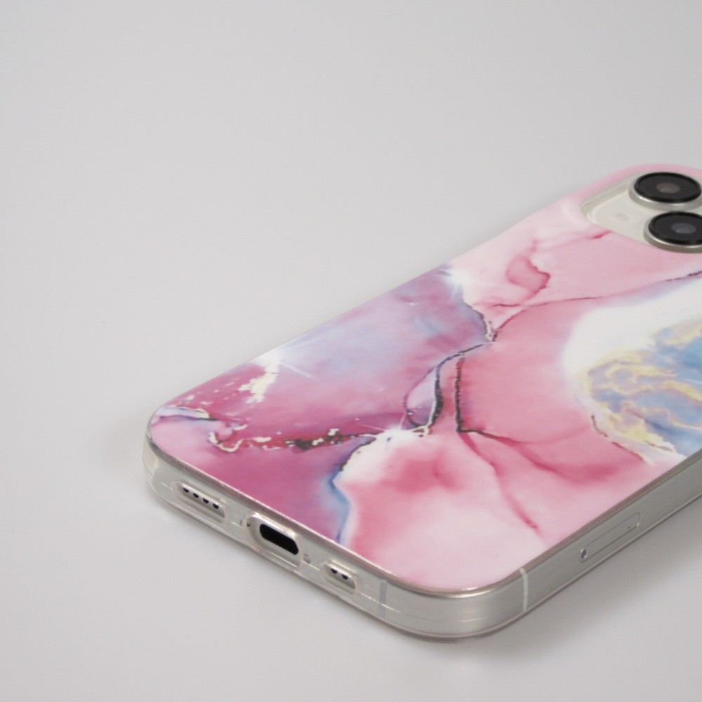 Coque iPhone 15 - Gel Glossy Marbre - Rose/bleu