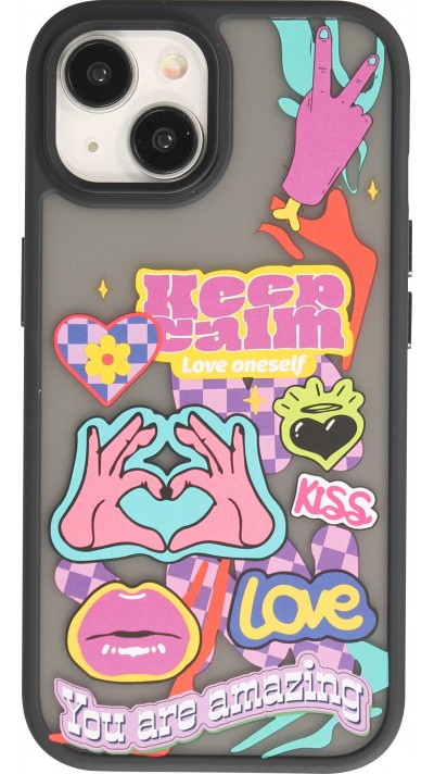 Coque iPhone 15 - Gel blur stickers Keep Calm transparente - Noir