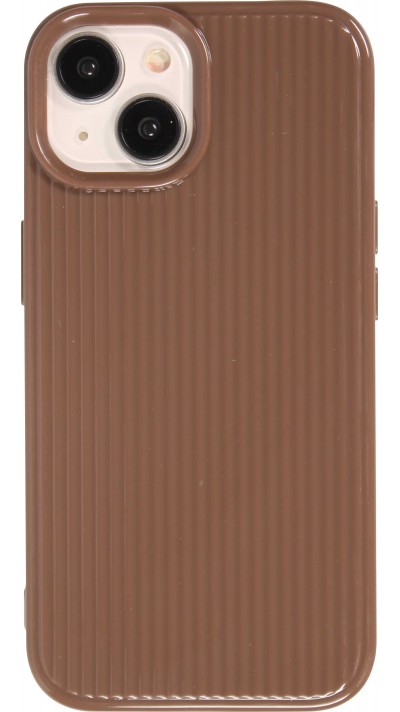Coque iPhone 15 - Gel silicone brillant avec lignes textur&eacute;es - Brun