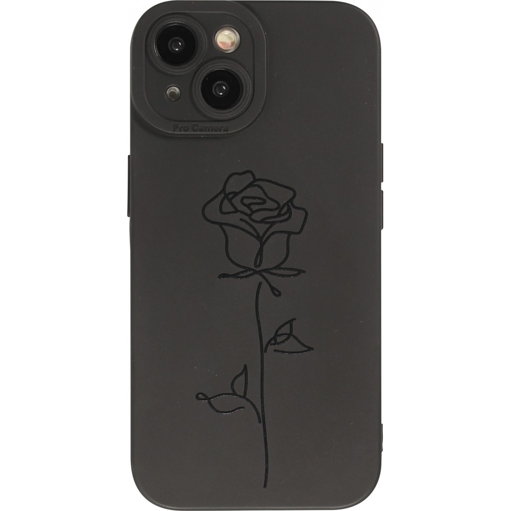 Coque iPhone 15 - Gel silicone souple avec protection caméra - Rose minimaliste - Noir