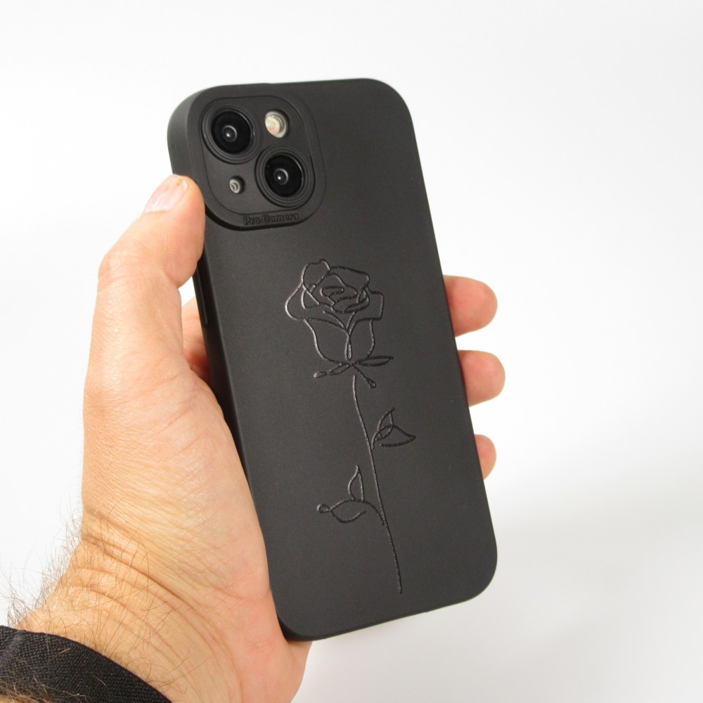 Coque iPhone 15 - Gel silicone souple avec protection caméra - Rose minimaliste - Noir