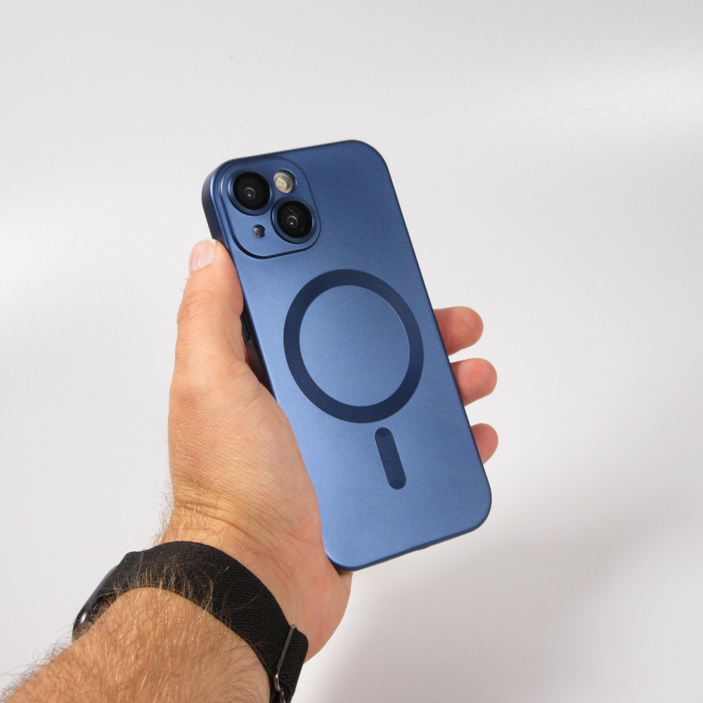 Coque iPhone 15 Plus - Gel souple avec vitre de protection caméra MagSafe - Bleu foncé