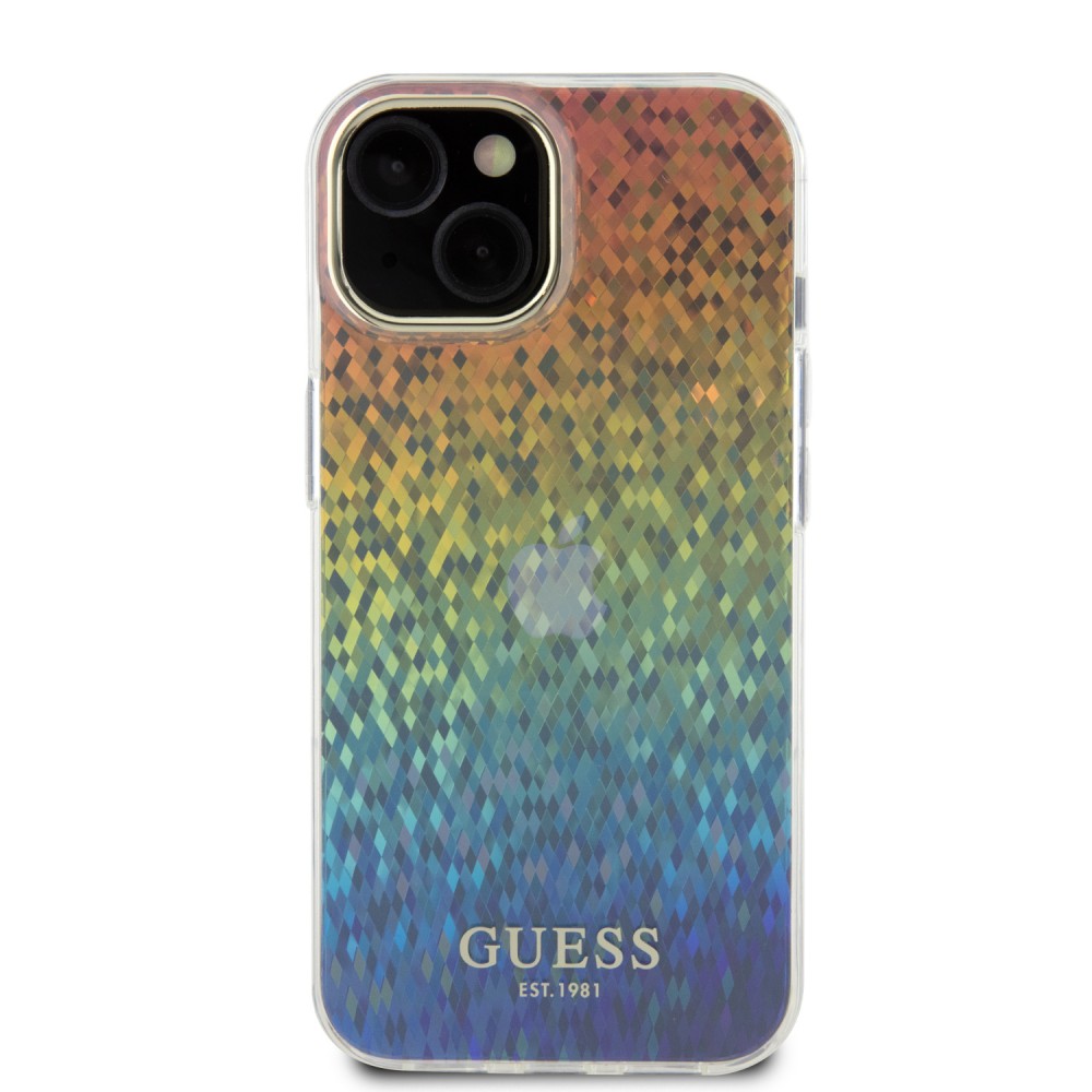 Coque iPhone 15 - Guess dégradé de multifacettes miroir irisé style disco avec logo doré - Multicolore