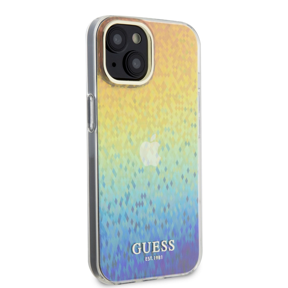 Coque iPhone 15 - Guess dégradé de multifacettes miroir irisé style disco avec logo doré - Multicolore