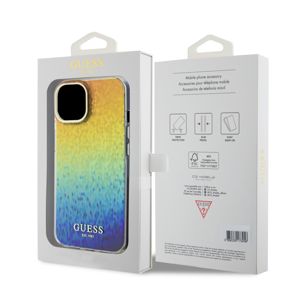 Coque iPhone 15 - Guess dégradé de multifacettes miroir irisé style disco avec logo doré - Multicolore
