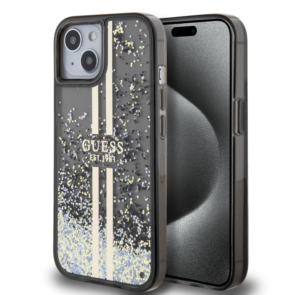 Coque iPhone 15 - Guess gel rigide paillettes liquides or et argent avec logo doré - Noir