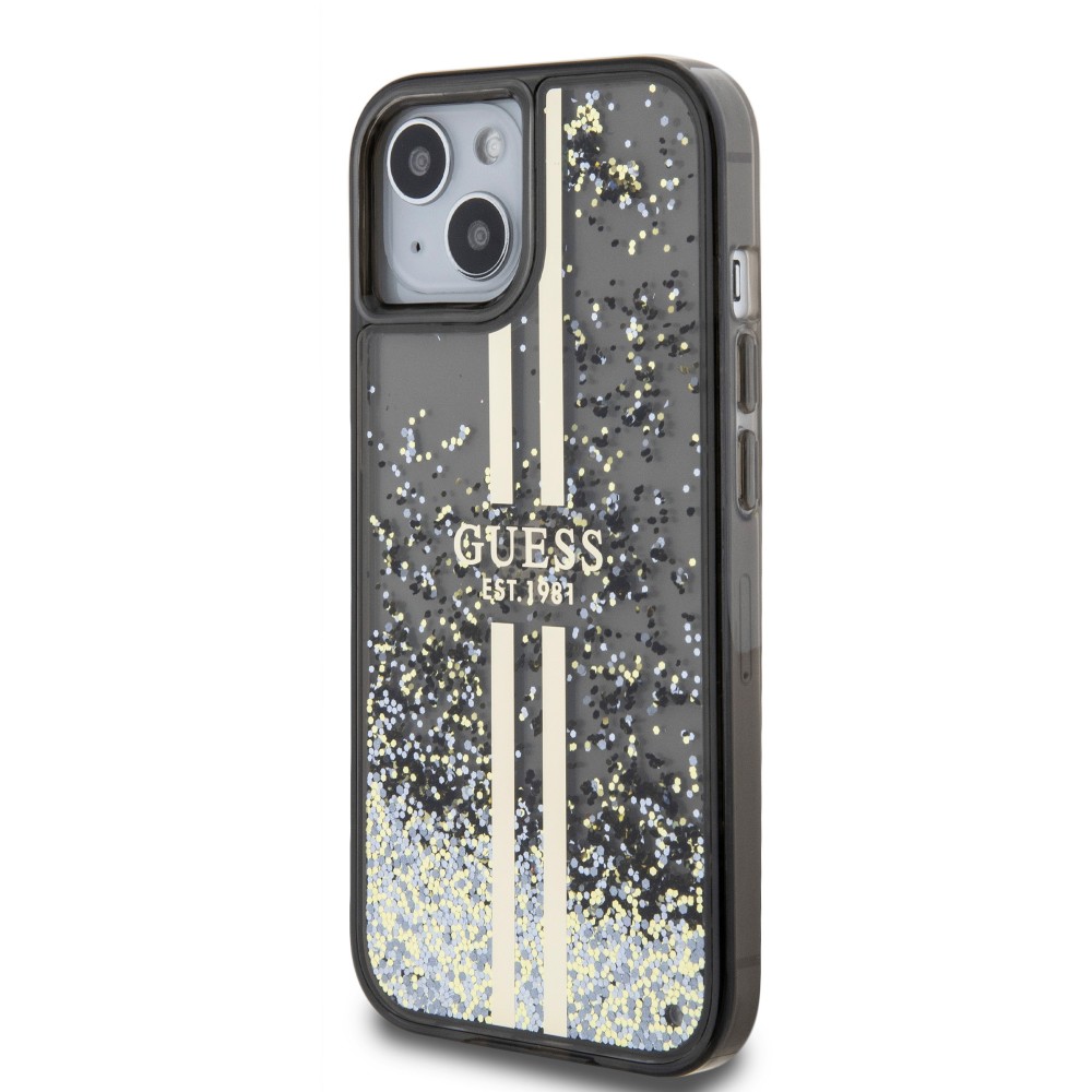 Coque iPhone 15 - Guess gel rigide paillettes liquides or et argent avec logo doré - Noir