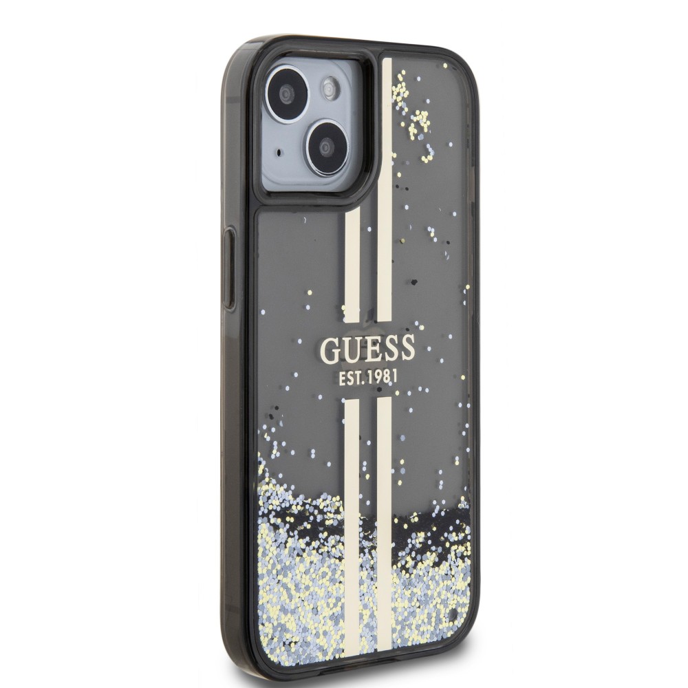 Coque iPhone 15 - Guess gel rigide paillettes liquides or et argent avec logo doré - Noir