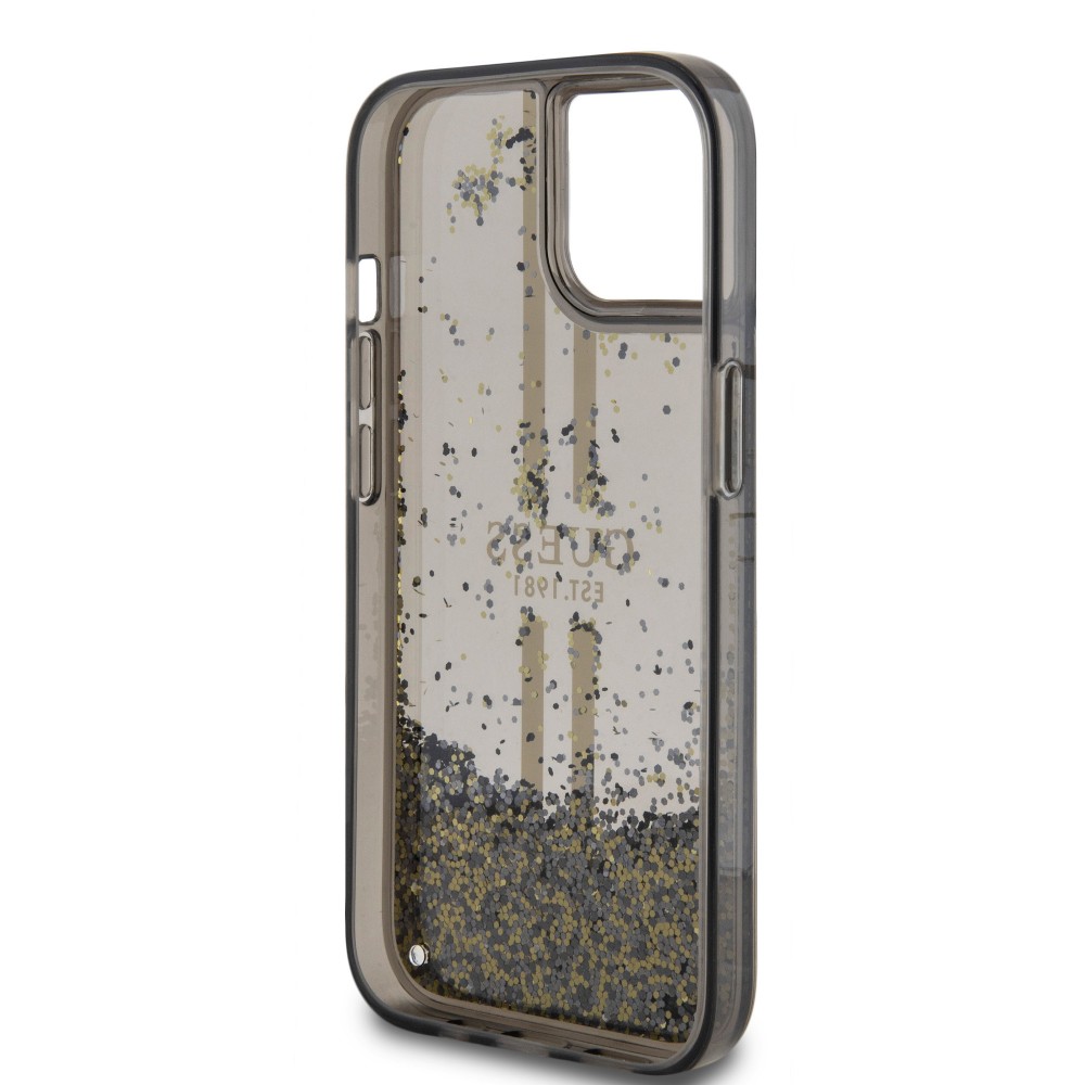 Coque iPhone 15 - Guess gel rigide paillettes liquides or et argent avec logo doré - Noir